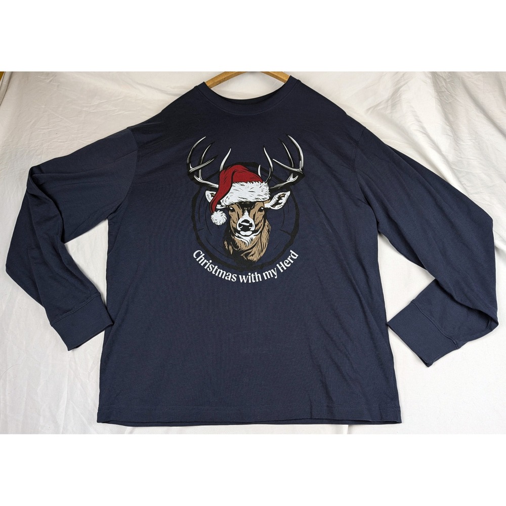 Redhead Mens Navy Blue Christmas With My Herd Deer Stag Santa Hat Long Sleeve L
